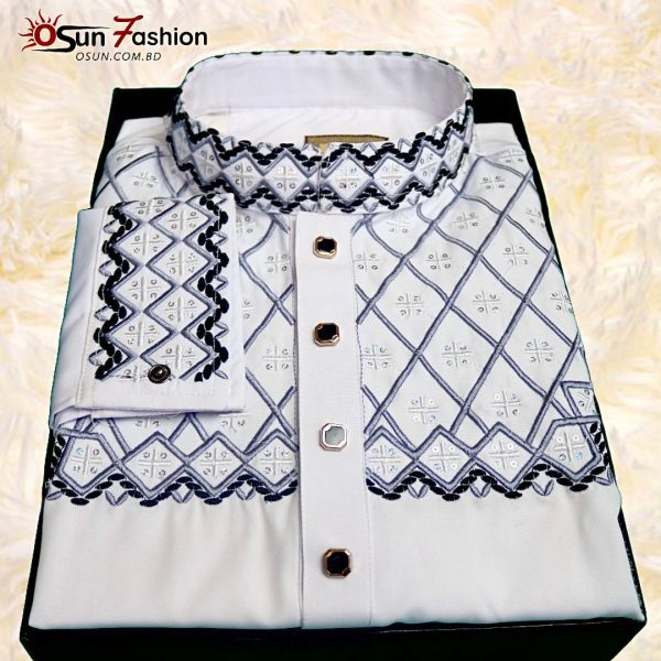 Premium Micro Stitch Panjabi White[OSUN-p5] - Image 3