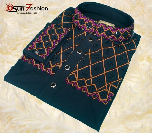 Premium Micro Stitch Panjabi Black[OSUN-p4] - Image 4